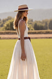 A Line White V-Neck Wedding Dress with Slit