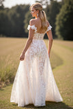 Off The Shoulder Lace White Wedding Dress with Slit