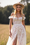 Off The Shoulder Lace White Wedding Dress with Slit