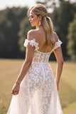 Off The Shoulder Lace White Wedding Dress with Slit