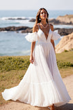 Cold Shoulder White A Line Ruffled Wedding Dress