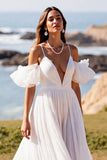 Cold Shoulder White A Line Ruffled Wedding Dress