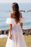 Cold Shoulder White A Line Ruffled Wedding Dress
