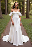 Off The Shoulder White Ruffled A Line Wedding Dress