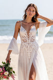Lace White A Line Wedding Dress with Slit