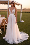 Lace White A Line Spaghetti Straps Wedding Dress