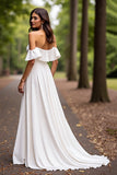 Off The Shoulder Ruffled A Line White Wedding Dress