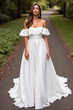 Off The Shoulder Ruffled A Line White Wedding Dress
