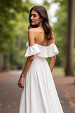 Off The Shoulder Ruffled A Line White Wedding Dress