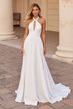 Halter A Line White Wedding Dress with Hollow Out