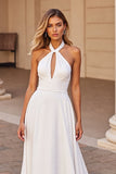 Halter A Line White Wedding Dress with Hollow Out