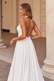Halter A Line White Wedding Dress with Hollow Out
