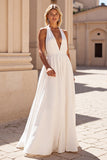 A Line White V-Neck Long Wedding Dress