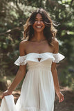 Off The Shoulder Ruffled White A Line Wedding Dress