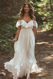 Off The Shoulder White A Line Wedding Dress with Ruffles