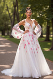 Cold Shoulder Floral White Wedding Dress with Appliques