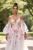 Cold Shoulder Floral White Wedding Dress with Appliques