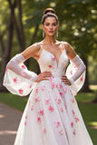 Cold Shoulder Floral White Wedding Dress with Appliques