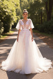 A Line White Long V-Neck Wedding Dress with Appliques