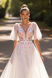A Line White Long V-Neck Wedding Dress with Appliques