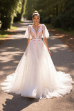 A Line White Long V-Neck Wedding Dress with Appliques