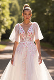 A Line White Long V-Neck Wedding Dress with Appliques