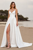 White A Line Long Wedding Dress with Slit