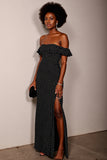 Black Off the Shoulder White Polka Dot Formal Dress with Slit