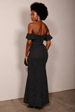 Black Off the Shoulder White Polka Dot Formal Dress with Slit