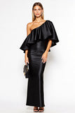 One Shoulder Sheath Black Formal Dress with Ruffles