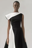 Asymmetrical A-Line Black and White Midi Dress