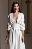 White Satin A Line Tea Length Semi Formal Dress
