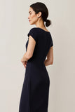 Navy Satin A Line Semi Formal Dress with Lace