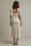 Apricot Sheath Lace Long Formal Dress with Short Sleeves