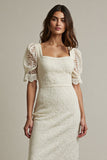 Apricot Sheath Lace Long Formal Dress with Short Sleeves