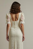 Apricot Sheath Lace Long Formal Dress with Short Sleeves