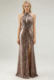 Halter A Line Cut Out Golden Leopard Prom Dress