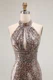 Halter A Line Cut Out Golden Leopard Prom Dress