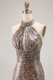 Halter A Line Cut Out Golden Leopard Prom Dress