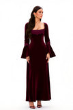 Burgundy Appliqued Velvet Long Holiday Party Dress With Sleeves