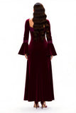 Burgundy Appliqued Velvet Long Holiday Party Dress With Sleeves