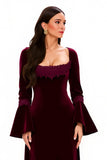 Burgundy Appliqued Velvet Long Holiday Party Dress With Sleeves