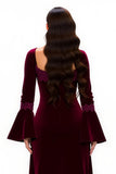 Burgundy Appliqued Velvet Long Holiday Party Dress With Sleeves