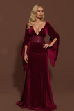 Burgundy V-Neck Velvet Mermaid Long Sleeve Holiday Party Dress