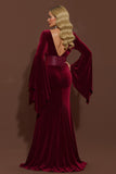 Burgundy V-Neck Velvet Mermaid Long Sleeve Holiday Party Dress