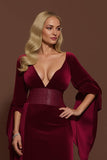 Burgundy V-Neck Velvet Mermaid Long Sleeve Holiday Party Dress