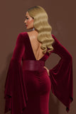 Burgundy V-Neck Velvet Mermaid Long Sleeve Holiday Party Dress