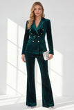 Dark Green Double Breasted Velvet 2-Piece Women Business Suits