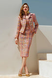 2 Piece Pencil Sunset Tweed Notched Lapel Midi Business Casual Dress