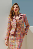 2 Piece Pencil Sunset Tweed Notched Lapel Midi Business Casual Dress